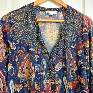 DR2 Blue Red Paisley Blouse Sheer Hi Low 1/4 Button V Neck Tassels Roll Tab L